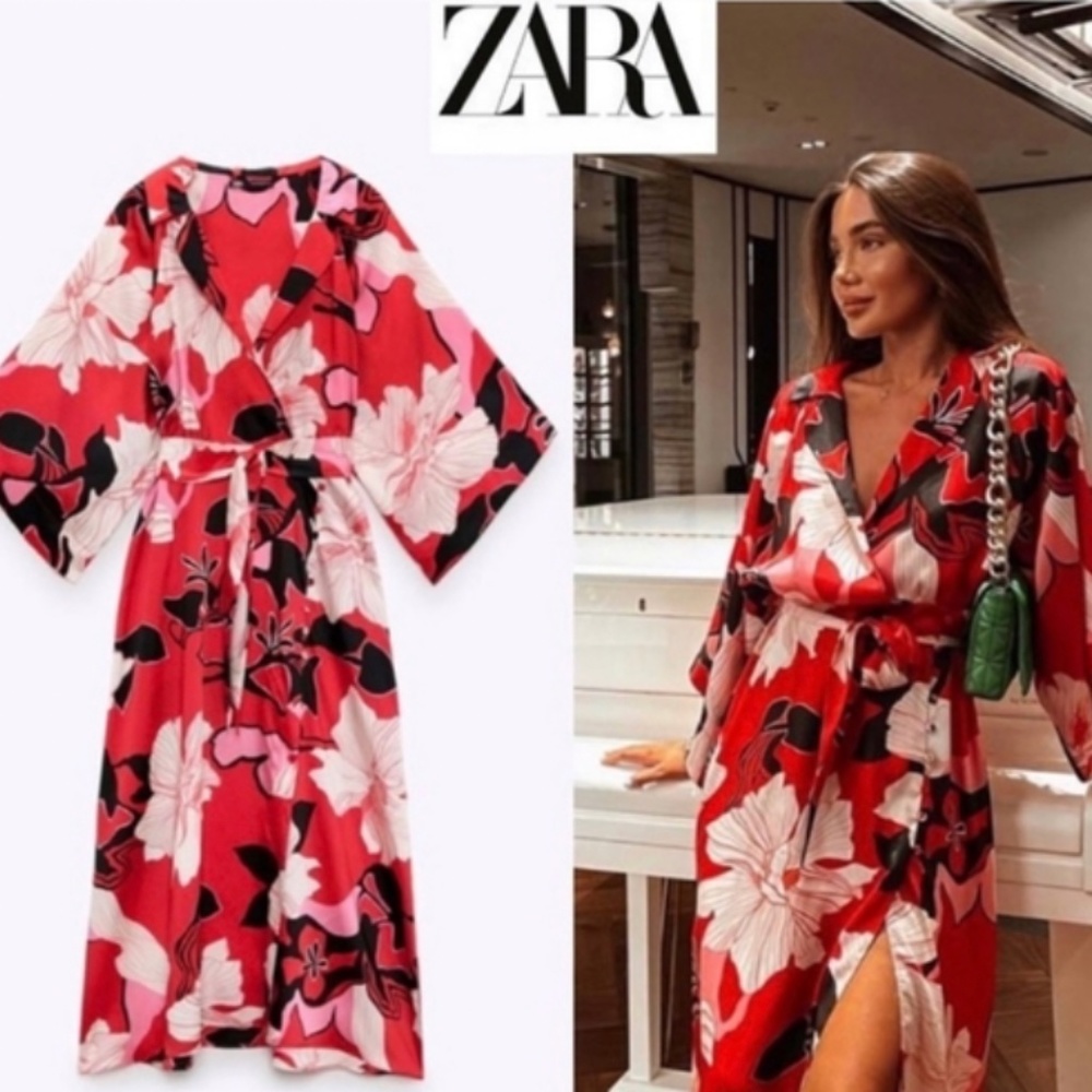 Zara Pink Red Floral Kimono Dress NWT Small